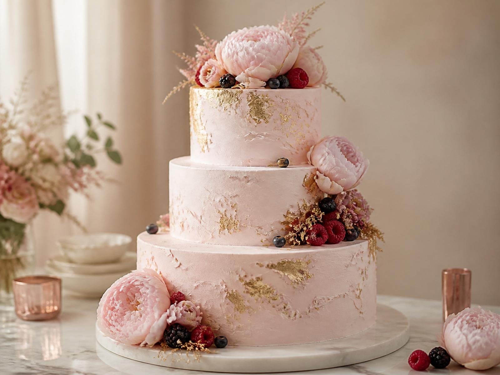 Signature blush and gold three-tier cake by Nina's Bakery